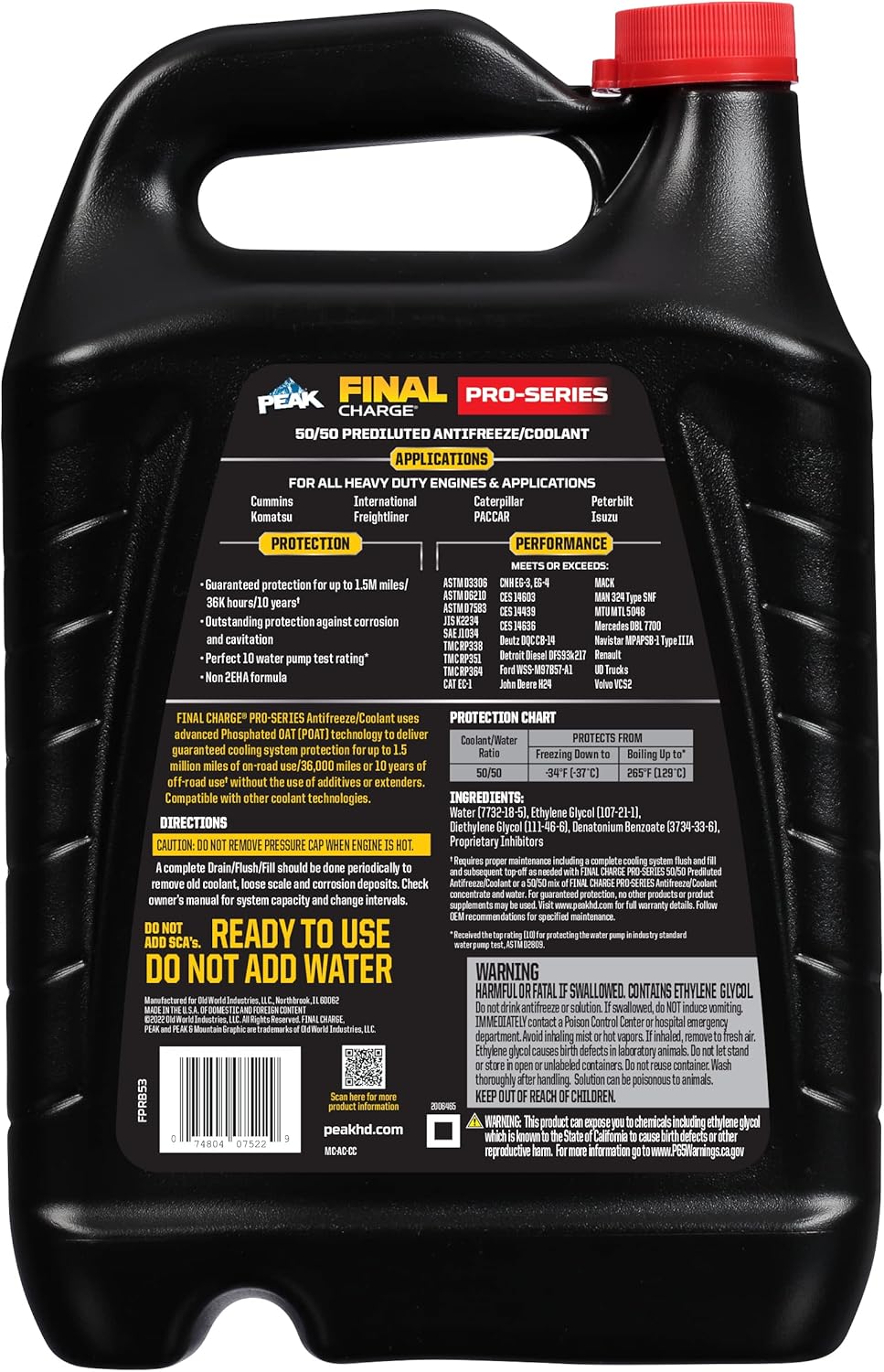 PEAK Final Charge PRO-Series 50/50 Prediluted Antifreeze and Coolant for All Heavy Duty Engine Cooling Systems 6/1 GAL